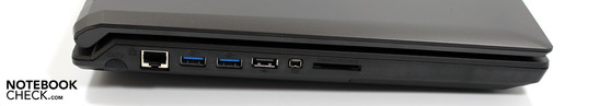 Left: LAN, 2 USB 3.0s, USB 2.0, Firewire, cardreader