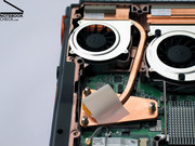 The heat pipe of the CPU is rather small compared with the giant fan of the graphic chip.