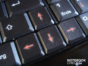 The arrow keys are somewhat narrower and reach into the keypad.