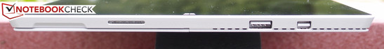 Right: Charging port, USB 3.0, mini-DisplayPort, SDXC reader (not shown; under kickstand)