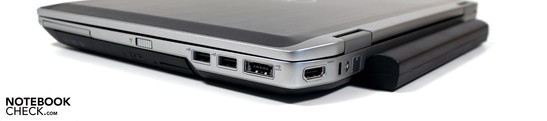 Right: Expresscard, 2x USB 2.0, USB/eSATA, HDMI, Kensington, Modem (optional)