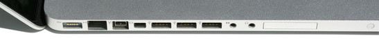 MagSafe power socket, gigabit LAN, FireWire 800, Mini DisplayPort, 3 USB 2.0s, optical / analog input (no microphone!) optical / analog output.