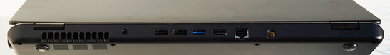 Headset port, 2x USB 2.0, USB 3.0, HDMI, Gigabit Ethernet, power connection on the rear. Kensington Lock on the right, card reader on the left. Unusually, the power button is on the front edge