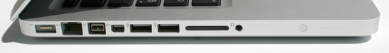 Left: MagSafe (power), Gigabit LAN, Firewire 800, mini display port, 2x USB 2.0, SD cardreader, line-in (analog/optical) or analog line-out, batter LED status