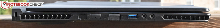 Left: Kensington Lock, Gigabit Ethernet, HDMI, USB 3.0, headphones, microphone