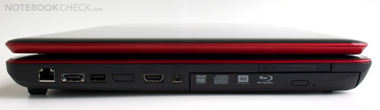 Left: RJ-45 Gigabit LAN, eSATA/USB 2.0 combo, USB 2.0, HDMI, Firewire, ExpressCard