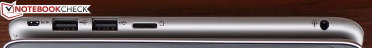 Right: Micro-HDMI, USB 2.0 x 2, micro-SD, combo audio