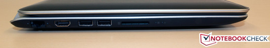 Left side: GBit LAN, HDMI, 2x USB 3.0, card reader