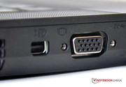 External monitors can be connected via mini DisplayPort or VGA.