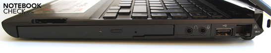 Right: Optical drive, cardreader, microphone, headphone, USB 2.0, LAN (RJ-45), Kensington Security Slot (hinge)