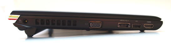 Left: Power connection, fan, VGA, eSATA/USB-combo, USB 2.0, HDMI