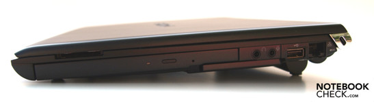 Right: Optical driver, card reader, microphone, headset, USB 2.0, LAN (RJ-45), Kensington security slot (hinges).