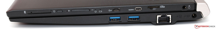 Right: SIM slot, On/Off, volume rocker, micro-USB 2.0, micro-HDMI, microSD, headset port (top); 2x USB 3.0, Gbit-LAN, AC power (bottom)