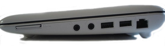 Right side: 2-in-1 cardreader (MMC, SD), headphones-out, microphone-in, 2x USB 2.0, RJ45 Fast Ethernet LAN