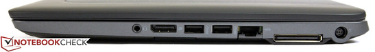 Right side: Audio, DisplayPort, 2x USB 3.0, card reader, LAN, docking port, AC power