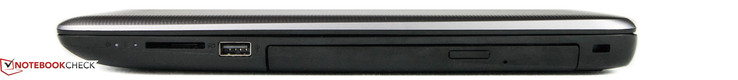 Right: SD-card slot, 1x USB 2.0, DVD drive, Kensington lock