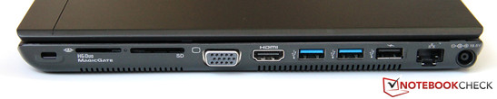 Right: Kensington lock, dual card reader, VGA, HDMI, 2x USB 3.0, USB 2.0, GBit LAN, AC-in