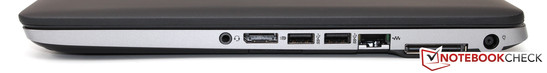 Right side: Headset, DisplayPort, 2x USB 3.0, Ethernet, docking station port, AC power