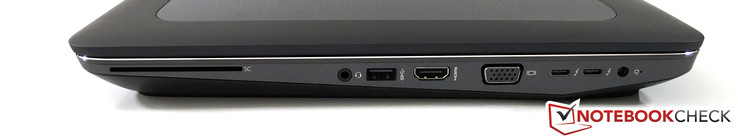Right: SmartCard reader, headset, USB 3.0, HDMI 1.4, VGA, 2x Thunderbolt 3, power