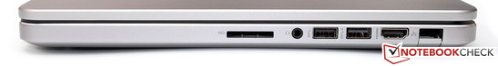 Right: Card reader, headset jack, 2x USB 3.0, HDMI, Gbit LAN
