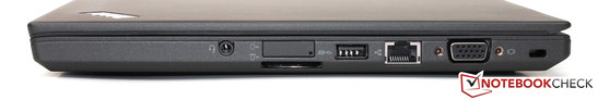 Right side: headset jack, card reader, SIM slot, USB 3.0, Gbit LAN, VGA, Kensington lock