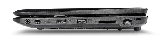 Right: Audio, 2 USB 2.0, card reader, LAN, Kensington