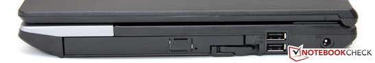 Right: DVD burner / modular bay, 2x USB 2.0, power socket