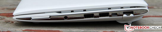 Right side: card reader, headphones/microphone, 2x USB 2.0, Kensington Lock, LAN