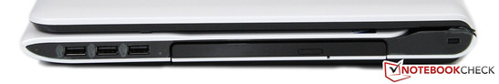 Right side: 3x USB 2.0, DVD drive, Kensington Lock