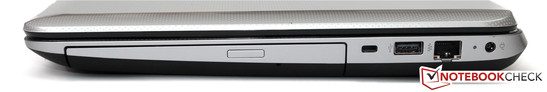 Right side: DVD-burner, Kensington Lock, USB 2.0, Fast-Ethernet, power