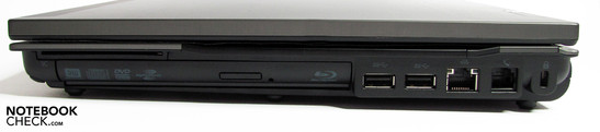 Right: SmartCard, BluRay combo, 2 USB 3.0s, LAN, modem, Kensington