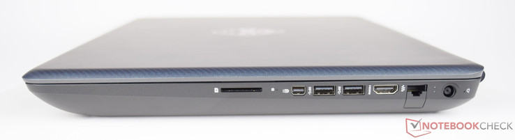 Right: Card reader, Mini-DisplayPort, 2x USB 3.0, HDMI, RJ45-LAN, power