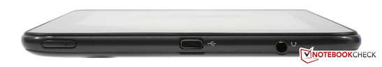 Left: On/off button, micro USB 2.0 port, 3.5 mm mini jack for headsets or headphones