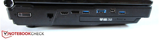 Left: DVI, RJ45, HDMI, DisplayPort, USB 3.0, eSATA / USB 3.0, FireWire, USB 3.0