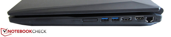 right side: card reader, 2x USB 3.0, eSATA/USB 3.0, HDMI, RJ45-LAN