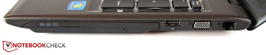 Right side: DVD burner, USB 2.0, VGA, RJ-45 Gigabit-Lan