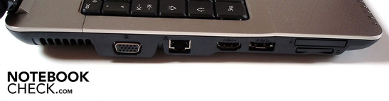 Left: VGA, Gigabit-Lan, HDMI, eSATA/USB 2.0, 34 mm Express Card, card reader