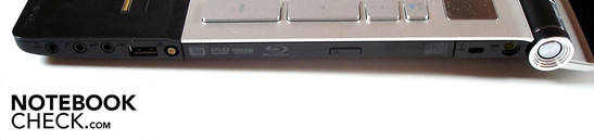 Right: 3x sound, USB 2.0, antenna, optical drive, Kensington Lock, DC in