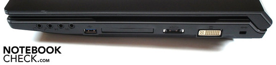 Right: 4x sound, USB 3.0, ExpressCard, eSATA, DVI, Kensington Lock