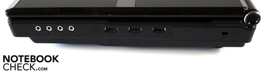 Right: 4 audio jacks, 3 USB 2.0s, Kensington Lock