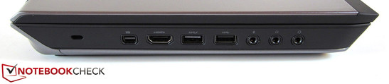Left side: Kensington lock, mini DisplayPort, HDMI, 2x USB 3.0, 3x sound