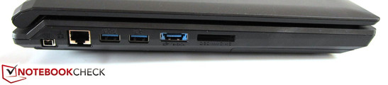 Left side: mini FireWire, RJ-45 Gigabit-Lan, 2x USB 3.0, eSATA / USB 3.0, 9-in-1 card reader.