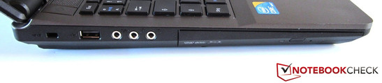 Left: Kensington lock, USB 2.0, 3x audio, optical drive