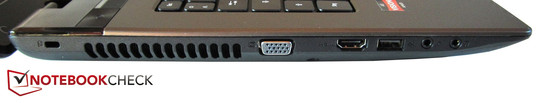 Left: Kensington lock, VGA, HDMI, USB 2.0, microphone, headphone
