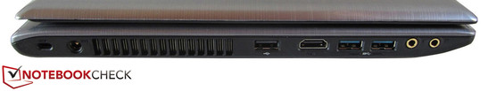 Left: Kensington lock, power in, USB 2.0, HDMI, 2x USB 3.0, microphone, headphone