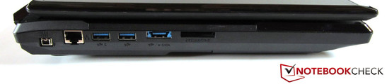Left side: Mini FireWire, RJ-45 Gigabit LAN, 2x USB 3.0, eSATA / USB 3.0, 9-in-1 card reader
