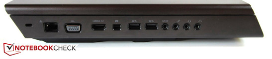 Left side: Kensington Lock, RJ-45 Gigabit-LAN, VGA, HDMI, Mini-DisplayPort, 2x USB 3.0, 4x Sound
