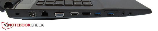 Left: Kensington lock, power, RJ45, Gigabit LAN, VGA, HDMI, display port, 2 USB 3.0s, 7in1 card reader, microphone, headphone