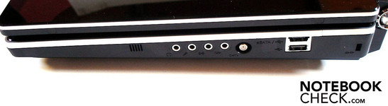 Right: 4x audio, eSATA/USB 2.0 combo, USB 2.0, Kensington lock