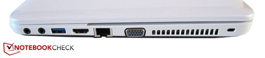 Right: Headphone, microphone, USB 3.0, HDMI, RJ-45 Gigabit LAN, VGA, Kensington lock